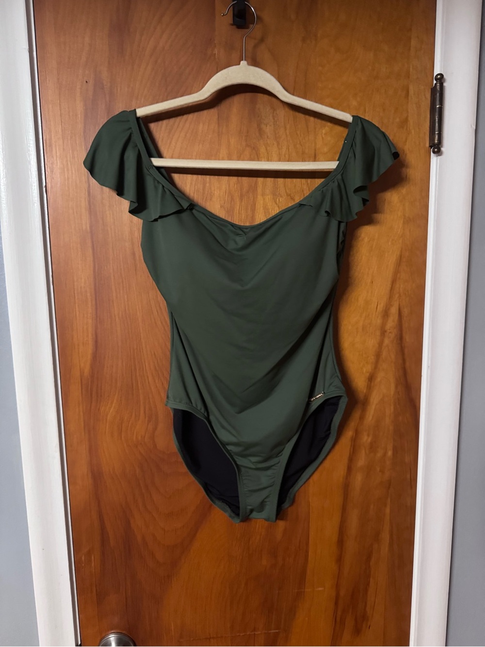 Vince Camuto Olive Green Ruffle-Shoulder One-Piece Swimsuit